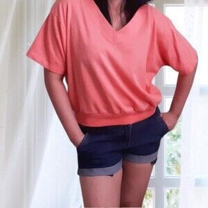 Perma Prest Y2K Solid Coral V- Neck Cotton Blend Wide Hem Crop Length Top  XXL